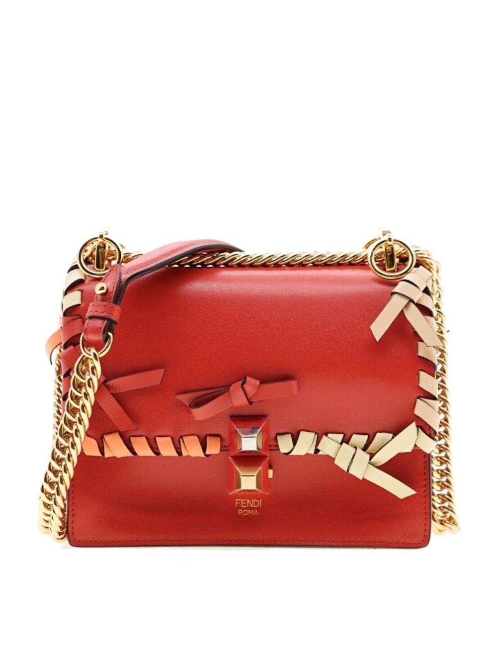 Fendi Kan Crossbody Whipstitch Chain Shoulder Bag Leather New